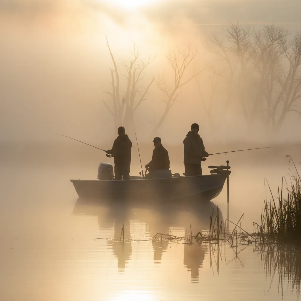 Anglergruppe am See im Morgennebel