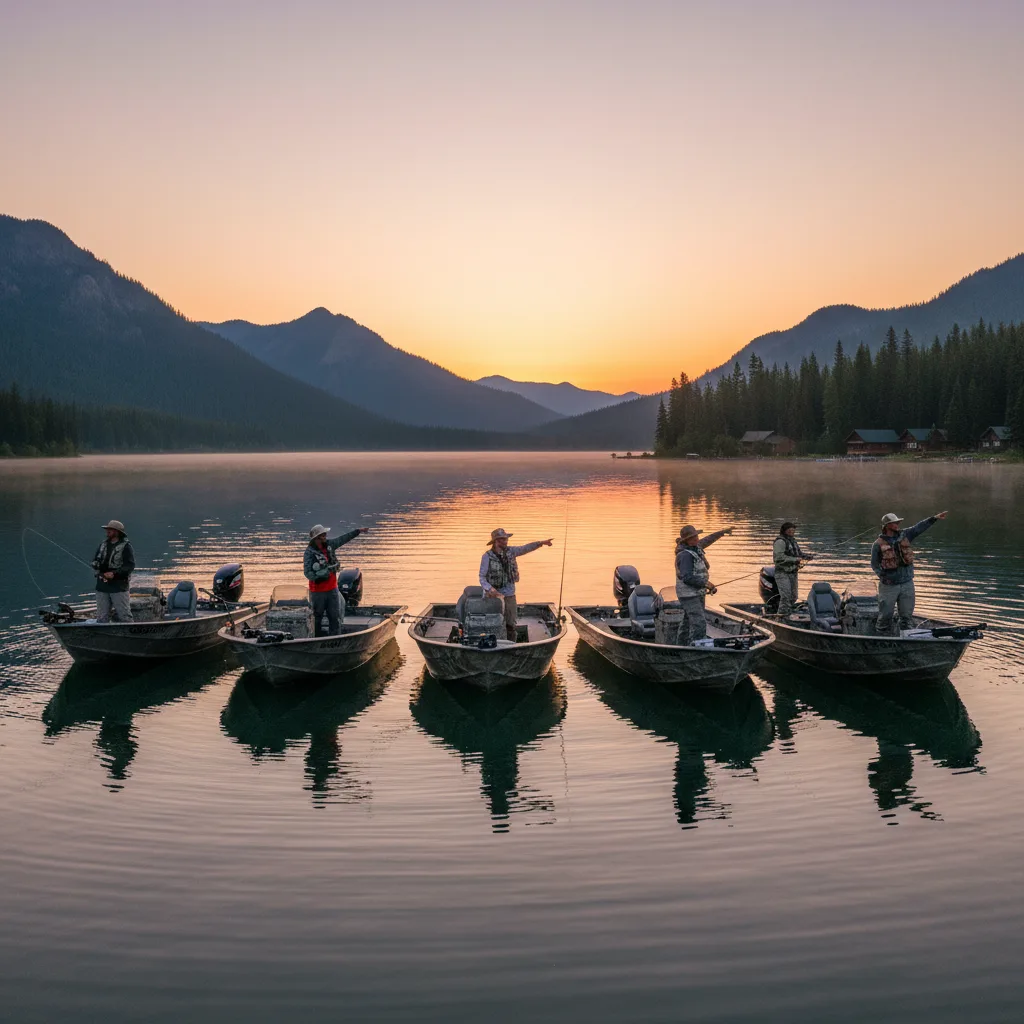 Guided fishing service action on a German lake, group on boat with gear